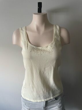 JAX Beaded Knit Butter Yellow Tank Top Crochet Trim Embellished Size Medium NEW